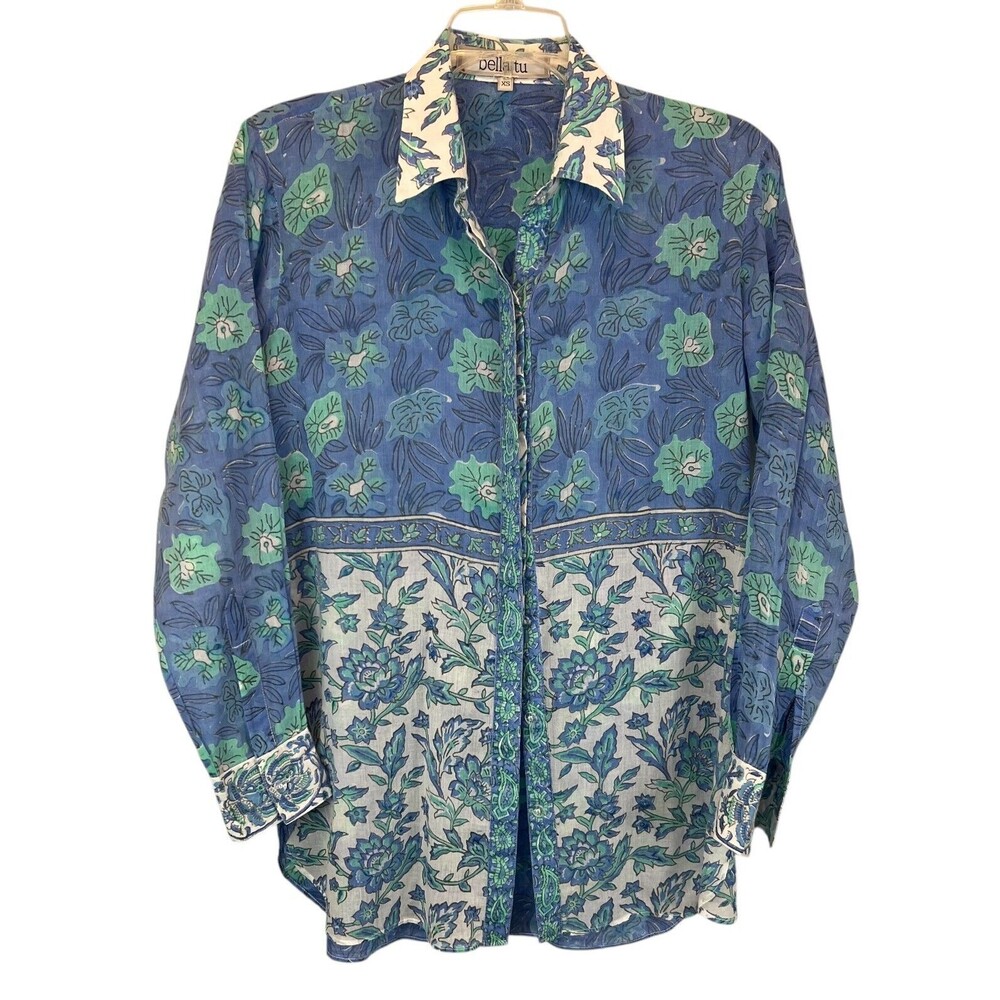 Bella Tu LS Button Front Shirt Women's Blue Floral Top Size XS Coastal Resort